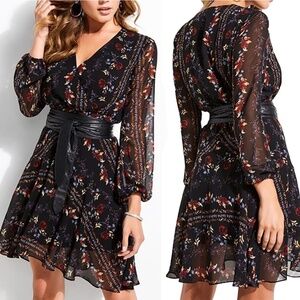 Guess Black Floral Faux Wrap Long Sleeve Mini Dress (no belt)